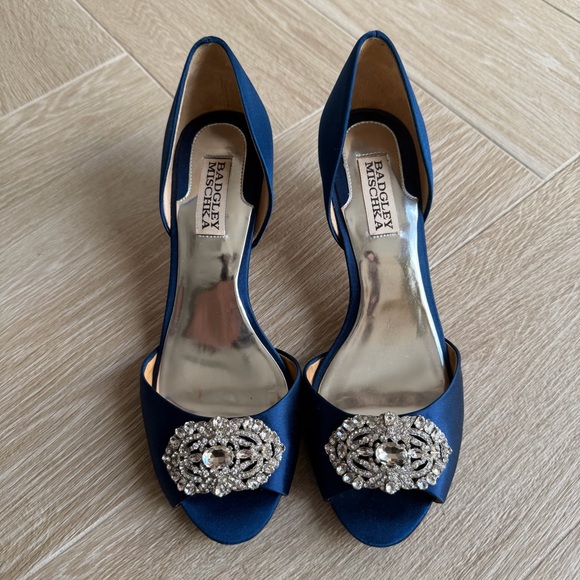 Badgley Mischka Shoes - Badgley Mischka Blue Satin D’Orsay Peep Toe Crystal Heels Size 7